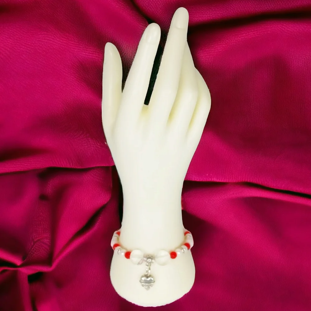 Pearl & Red Gem Sparkly Heart Charm Bracelet Lovecore Romantic Messy Coquette